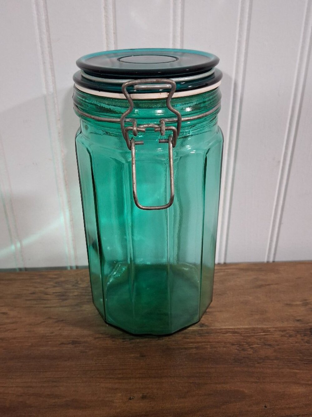 Vintage Teal Green Glass 12 Panel Lidded Jar Bail Latch 8" Tall